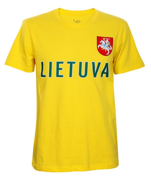 Geltoni sirgalių marškinėliai su užrašu Lietuva ir herbu